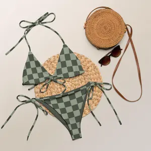 Women Sage Green Checkered Bikini Set Tie String Triangle Top Retro Plaid Swimsuit Summer Beach Vacation Swimwear 2 Piece Bathing Suit Sunbathing Pool Party Boho Casual Outfit
