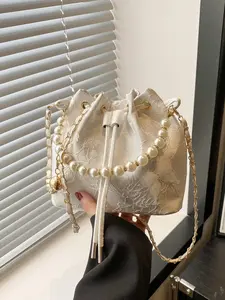 Women's Chain Drawstring Bucket Bag, Embroidered Pearl Handle, Butterfly Design, Single Shoulder Crossbody Purse, Fashion Purses for Parties & Daily Use, Casual Shoulder Bag