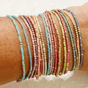 19Pcs Bohemian Elastic Colorful Rice Beads Beaded Bracelet Set Handmade Mixed Colorful Beads Chain Multi-layer Bracelet Vintage Ethnic Beads Bracelet Vacation Travel Beach Chain Jewelry