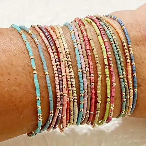 19Pcs Bohemian Elastic Colorful Rice Beads Beaded Bracelet Set Handmade Mixed Colorful Beads Chain Multi-layer Bracelet Vintage Ethnic Beads Bracelet Vacation Travel Beach Chain Jewelry