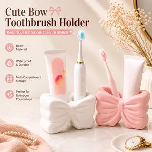 Resin Countertop Toothbrush Holder - Bowknot Design Bathroom Organizer, Stylish Home Accessory for Vanity, Modern Storage Rack for Toothbrushes, Toothpaste, Makeup Brushes, Countertop Toothbrush Holders