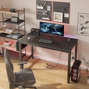 Lufeiya Gaming Desk with Power Outlet, 47 inch Teen Study Table Home Office Work Writing Computer Desks with Charging Station Outlets Built in, Black, Get Free Gift