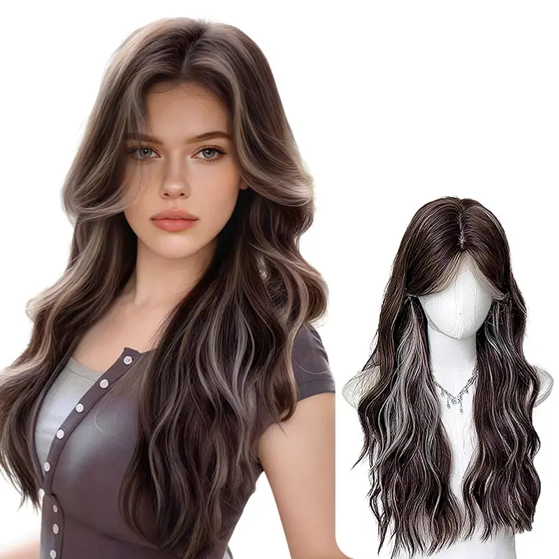 Lotfon Glueless Wigs for Women, Big Wavy Synthetic Hair in Brown with White Highlights, Lightweight and Adjustable for Daily Wear & Cosplay, Wigs Glueless