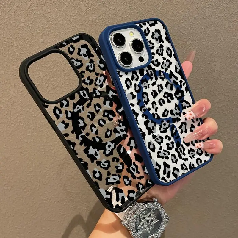 Premium Magnetic Cellphone Casing - Anti-Fall, Ultra-Thin, Shockproof, Aesthetic Black Leopard Print Y2k Design for iPhone 11/12/13/14/15/16/17 Pro Max - Handheld Devices Accessories with Screen Protector, Perfect for Everyday Use