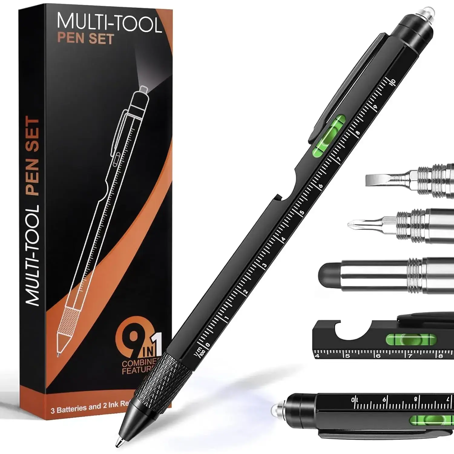 9-in-1 Compact Multitool Pen - Twist Access, Aluminum Body, Office Writing Tool, Phone Holder, Bottle Opener, LED Lights, Batteries Included - 9 Useful Functions Gift for Boyfriend, Anniversary, Father's Day, Grandpa, Trip Essentials