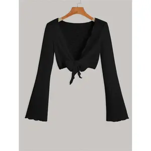 Women's Solid Color Open Front Crop Cardigan, Casual Long Sleeve Tie Front Knitwear for Summer, Fashion Women's Knit Clothing for Daily Wear, Tops