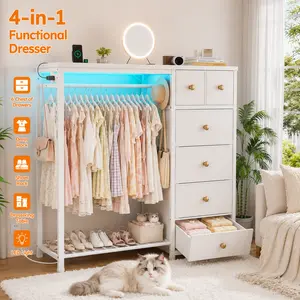 [4-in-1 Design】Raybee Dresser with Hanging Rack for Bedroom, 6 Fabric Drawer Dresser with LED Lights & Charging Station, Fabric Dressers & Chest of Drawers, Storage Organizer with Grid Panel & 4 Hooks, Wooden Top, for Living Room, Closet