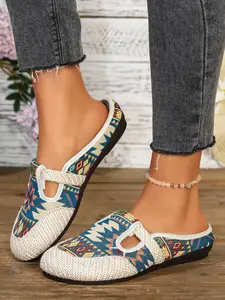 New Comfortable Soft Sole Ethnic Style Slip-On Slippers for Women, Anti-Slip Breathable One-Step on Mules, Casual Floral Pattern Rubber