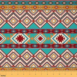 Yellow Red Southwestern Upholstery Fabric,1 Yard,Geometric Fabric by The Yard,Tribal Native American Design Waterproof Fabric,Stripe Line Fabric