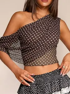This Polka Dot Mesh Top is Y2K Coquette Vibes One Shoulder Asymmetrical Sheer Crop Blouse