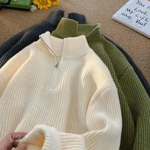Autumn Winter Half Zipper Sweater for Men Knitted Thickened Vintage Solid Color Comfortable Fashion Men Clothing  PulloverGift