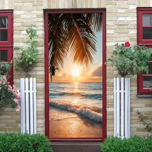 2pcs Tropical Sunset Beach Wall Stickers Coconut Tree Wave Sunlight Removable Self Adhesive Decals for Bedroom Living Room Home Decorations Peel and Stick Wall Art Murals