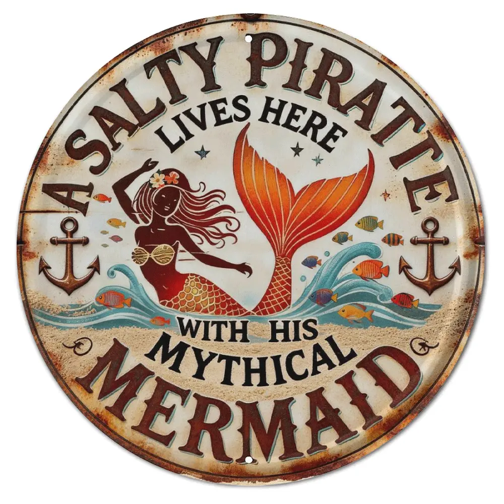 Salty Pirate Mermaid Metal Sign Nautical Beach House Decor Vintage Round Aluminum Plaque Funny Couples Wall Art for Bathroom Coastal Home Bar Outdoor Waterproof 8x8in