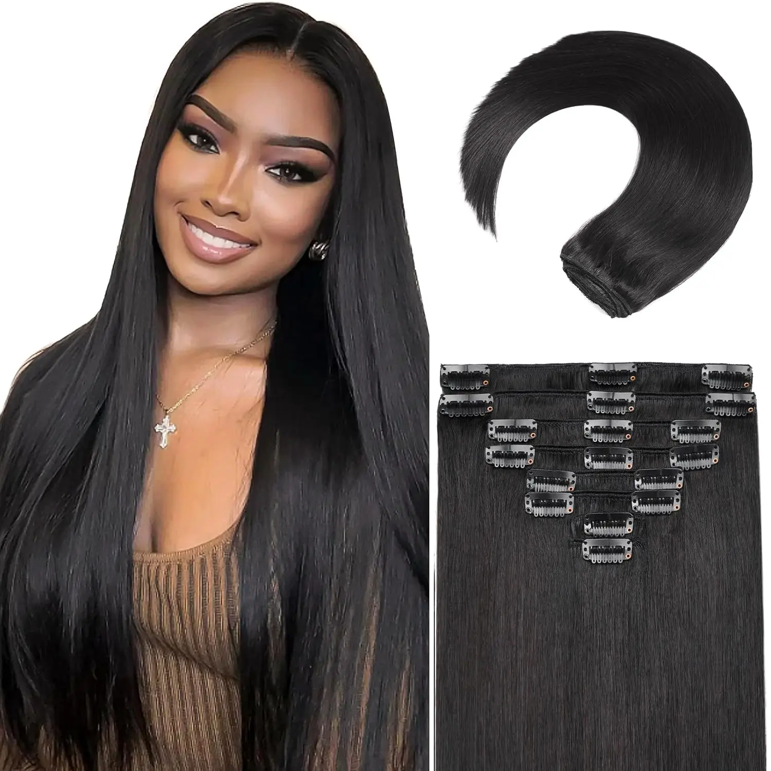 GK Clip in Human Hair Extensions Straight 120g, 1B Natural Black 8Pcs, Seamless Double Weft, Heat Resistant & Party Ready 20 Inch