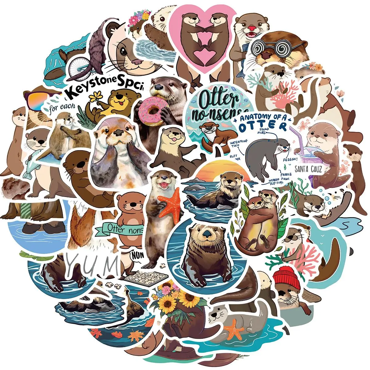 Cute Otter Pattern Sticker, 50pcs/set Waterproof Self Adhesive Decor Paper, Decor Sticker for Gift Greeting Card Water Bottle Laptop Phone, Ornaments