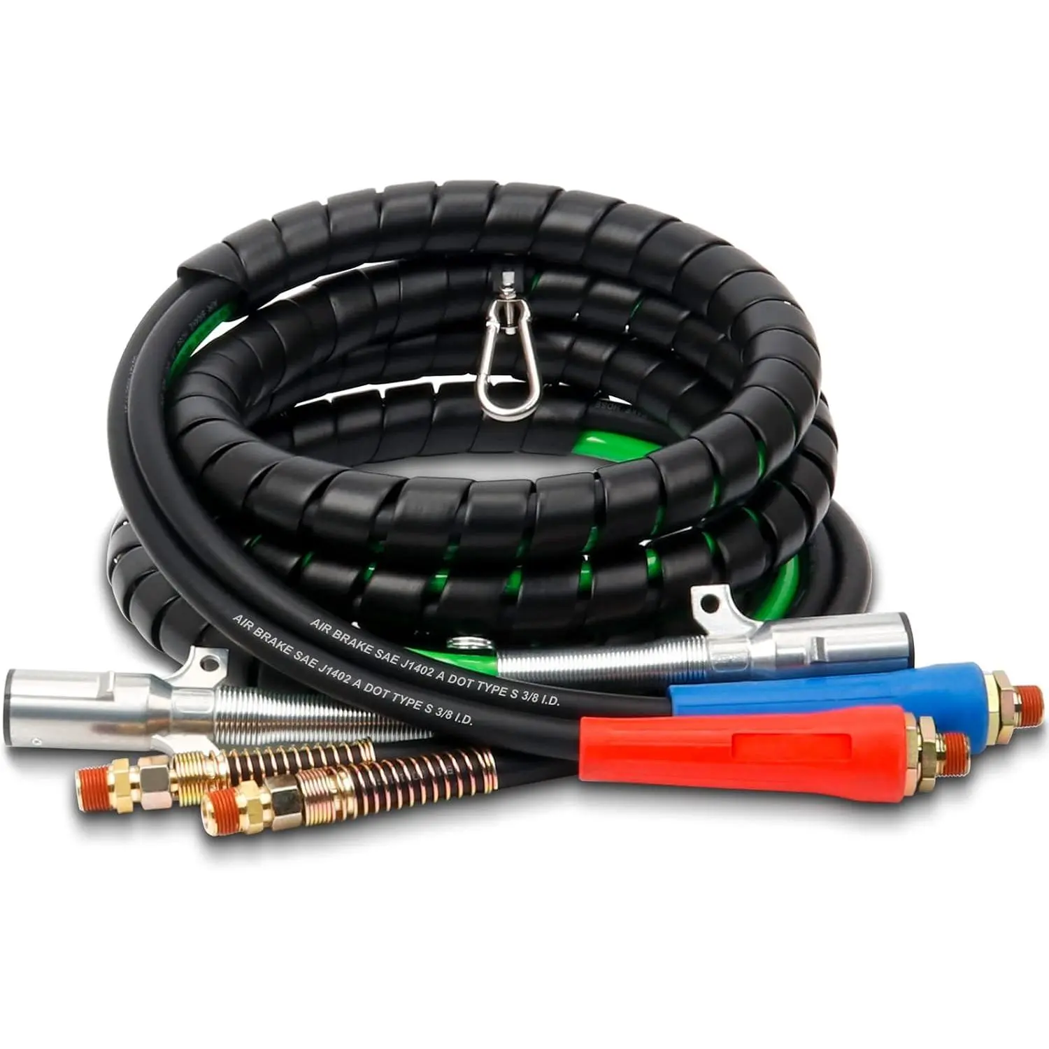 15ft 3-in-1 ABS Power Air Hose Kit with Swivel Grip, Zinc Cast Fittings, 3/8 I.D., Color-Coded Grips, SAE J1402 3-to-1 Combo Line & Wrapped 7-Way Electric Rubber Air Lines for Tractor Semi Trailer