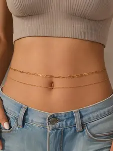 Layered Double Row Belly Chain Silvery Golden Tone Waist Chain for Women Wide Chain Waist Stomach Jewelry Body Chain for Bikini Beach Summer Vacation Adjustable Plus Size Double Row Design Adjustable Fit Plus Size Friendly Beachwear Chain