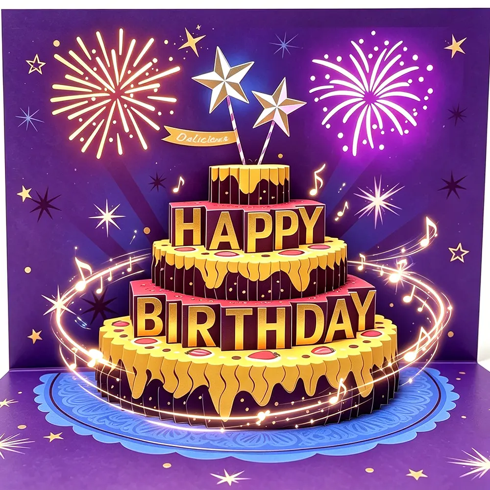 Party Gifts 3D Pop Up Light Up Musical Birthday Card Fireworks Stars Happy Birthday Cake Greeting Card Glowing Music Notes Light and Sound Effect Best Birthday Gift Card Men Women Kids Friends Family Birthday Party Decor Supplies Back to School Basket