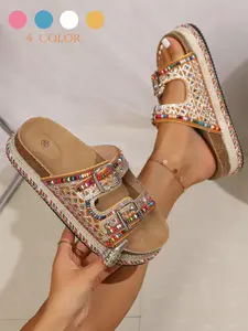 Summer New Boho Style RhinestoneEmbellished Thick Sole Sandals, BohemianTrending Sandals, Breathable Soft BottomVacation Shoes, PU Upper Material, PlainPattern, Women