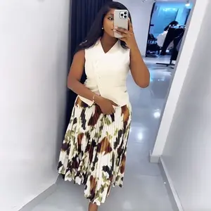 summer spring clothes 2025 new Women Set Street Sleeveless V-Neck Button Tops long Pleated Skirts Suits Two Piece Sets OL Fitness Tracksuits Womenswear Check Light Gamis Fitted Vneck White_Beige