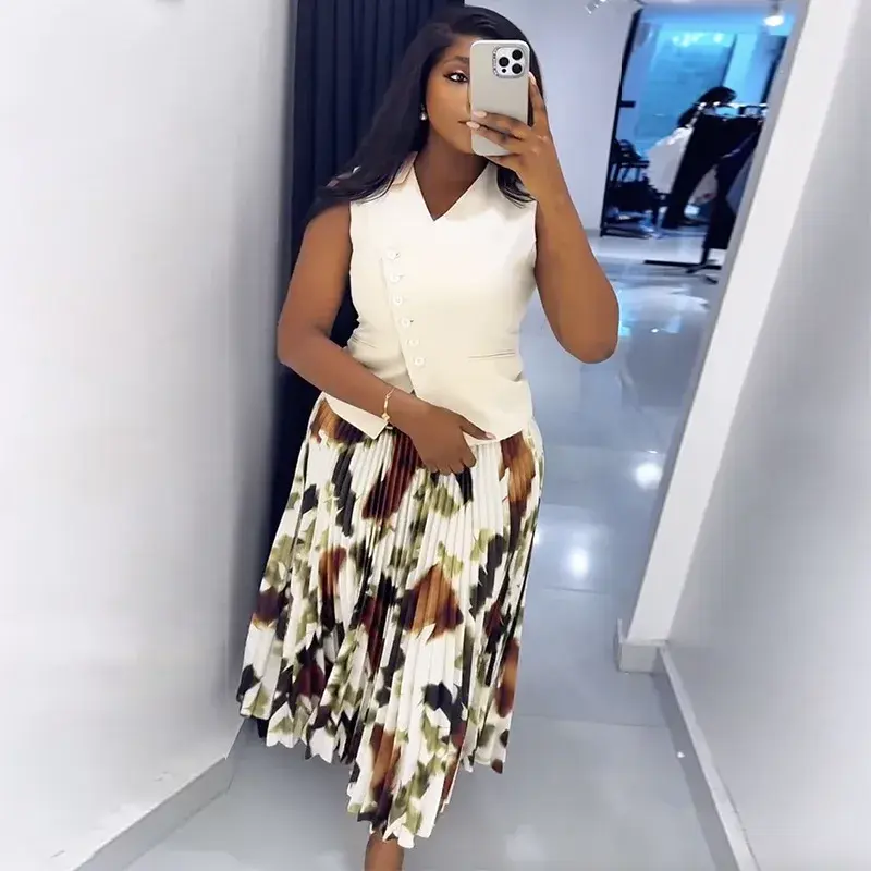 summer spring clothes 2025 new Women Set Street Sleeveless V-Neck Button Tops long Pleated Skirts Suits Two Piece Sets OL Fitness Tracksuits Womenswear Check Light Gamis Fitted Vneck White_Beige
