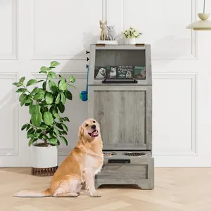 35''H Pet Food Cabinet Flip Top Dog Food Storage Cabinet,Dog Feeding Station with 2 Elevated Dog Bowls, Large Pet Toy Storage Organizer