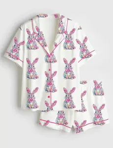 Women’s Sparkly Dazzle Bunny Coquette Spring Easter Short Sleeve Satin Pajama Set