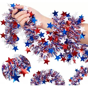 50FT Patriotic 4th of July Tinsel Garland Red White and Blue Star Decorations for Parade Float Golf Cart Tree Glitter Patriotic Decor for Independence Day Indoor Outdoor Decor