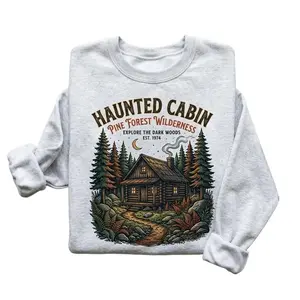 Women's Haunted Cabin in Pine Forest Unisex Pullover Sweatshirt, Gildan 1800, Cotton Fabric