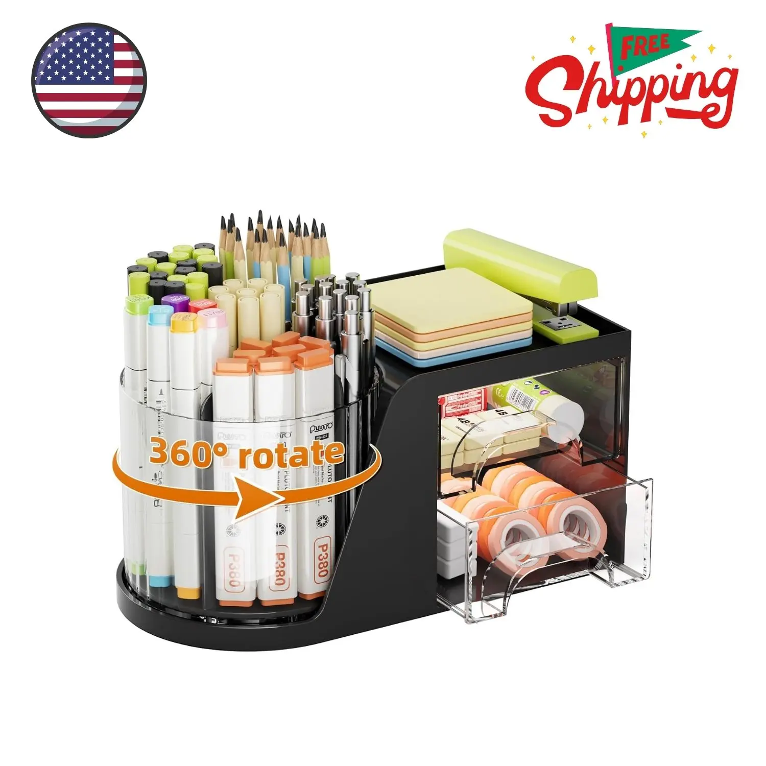 Desk Organizer with 2 Drawer, 360°Rotating Pen Holder Black