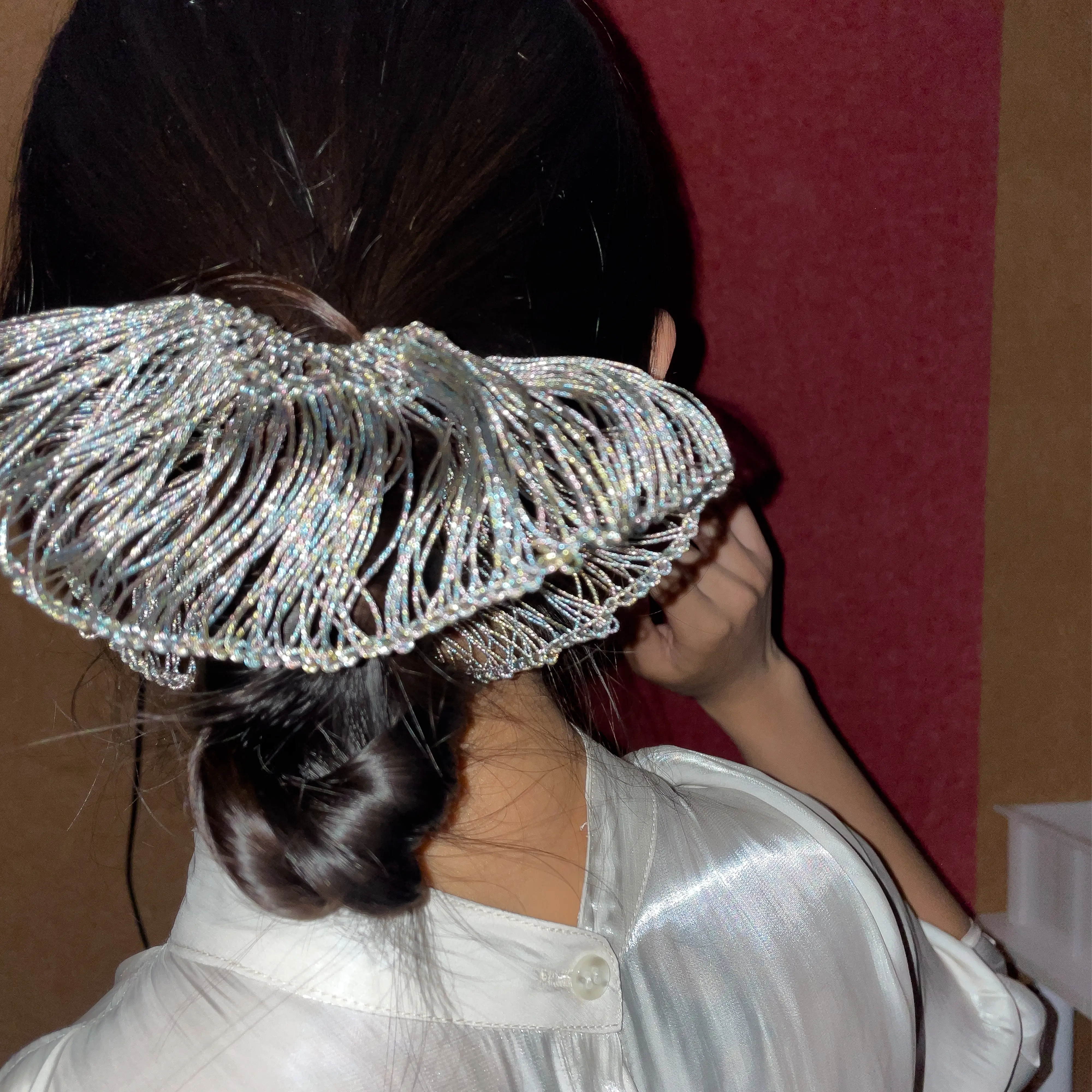 Handmade Silver Metallic Crochet Flower Scrunchie – Futuristic Hair Accessory for Night Party & Art Events