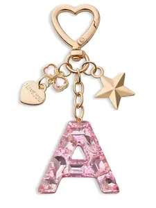 Pink Crystal Initial Letter 26 Keychain, Heart Clasp Rhinestone Key Ring with Star & TLove YouCharm, Cute Bag Charm for Women Girls Gift