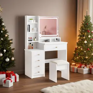 White,Makeup Vanity, Vanity Desk with Mirror and Lights,Vanity Mirror 3 Color Lighting Modes Adjustable,Makeup Vanity Set 5 Drawers, Cushioned Stool and Open Shelves