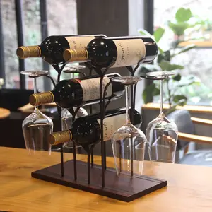 Wine Rack with Glasses Holder, Countertop Wine Rack, Tabletop Wood Wine Holder, Hold 4 Wine Bottles and 4 Glasses, Perfect for Home Decor & Kitchen Storage Rack, Bar, Wine Cellar, Cabinet, Pantry, etc, Wood & Metal