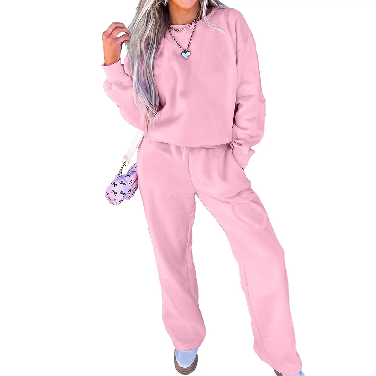 Aleumdr Womens 2 Piece Sweatsuits Long Sleeve Fleece Lounge Pants Set Embroidery Sweatshirt Top with Pant Tracksuit Womenswear