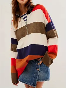 Vibrant Colorblock Striped Sweater with Half-Zip Design, Fashionable Knitwear for Women, Casual Style, Perfect for Fall & Winter Seasons, Knit Pullover Tops