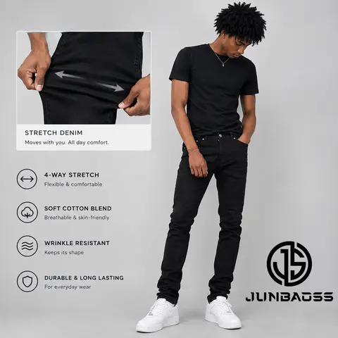 JUNBAOSS Original Skinny Ripped Men's Stretch Denim Jeans - Skateboard Distressed Slim Fit Stretch Jeans with Pockets Tapered Leg Plain Denim Trouser with Flex Waist Pocket Casual Clothes for Mens Clothing Streetwear  workout
