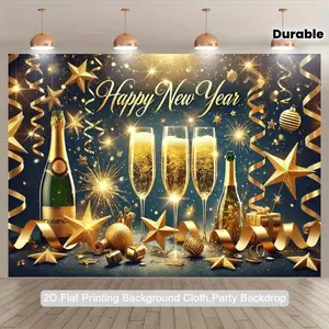 Elegant New Year Party Banner Golden Champagne Stars Confetti Navy Blue Luxury Photography Decor for New Year's Eve Birthday Wedding 2D Flat Printing Background Cloth Party Backdrop