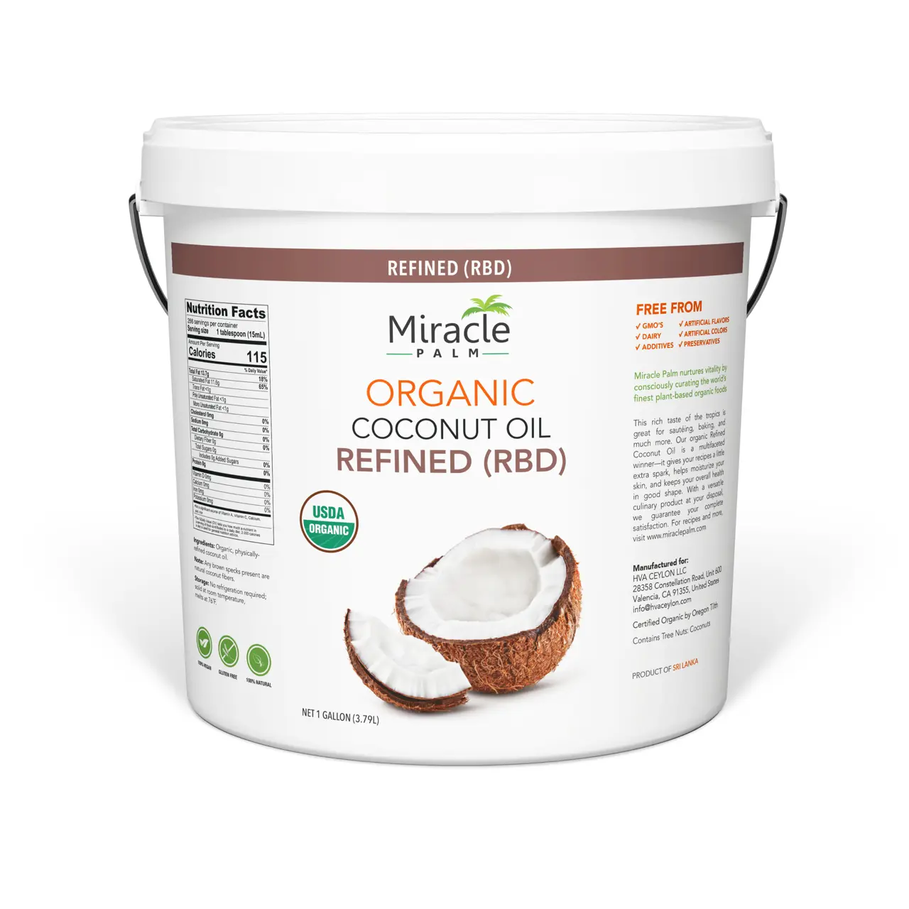 Miracle Palm Organic RBD Coconut Oil (RBD) Tasteless 1 Gallon