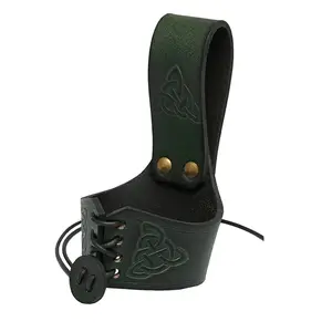 S-code Medieval Bottles Viking for Green Leather Holder with Embossed Design for Viking Drinking Horn