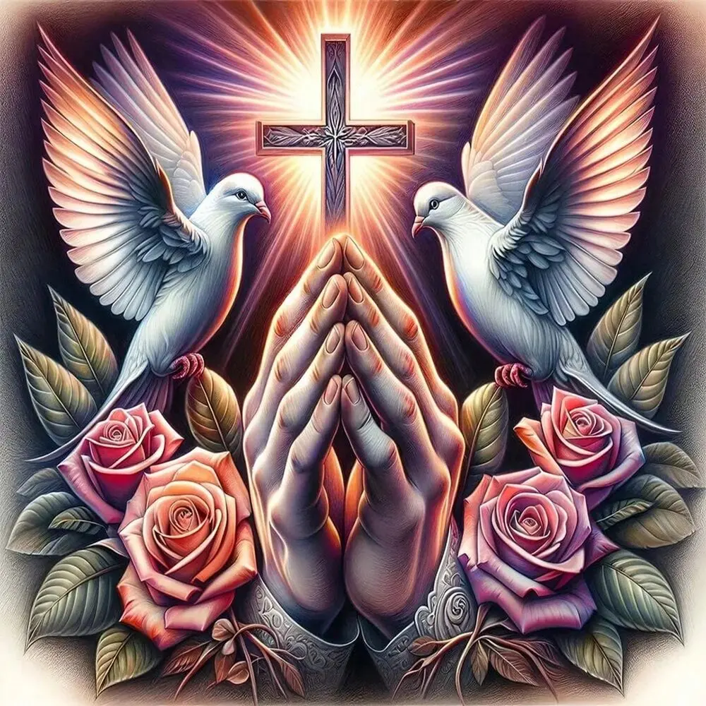 Jesus Cross And Rose Flowers Diamond Art Painting 5d Full Round Drills Pray Cross Stitch Patten Mosaic Room Decor Diy Diamond Art