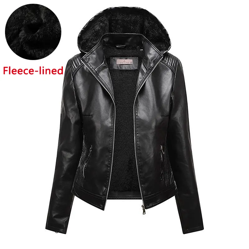 Women's Slim Fit Long Sleeve Fleece-Lined Regular Length Black Faux Leather Winter Warm Jacket with Detachable Hood, Street Style Outerwear for Riding, Camping