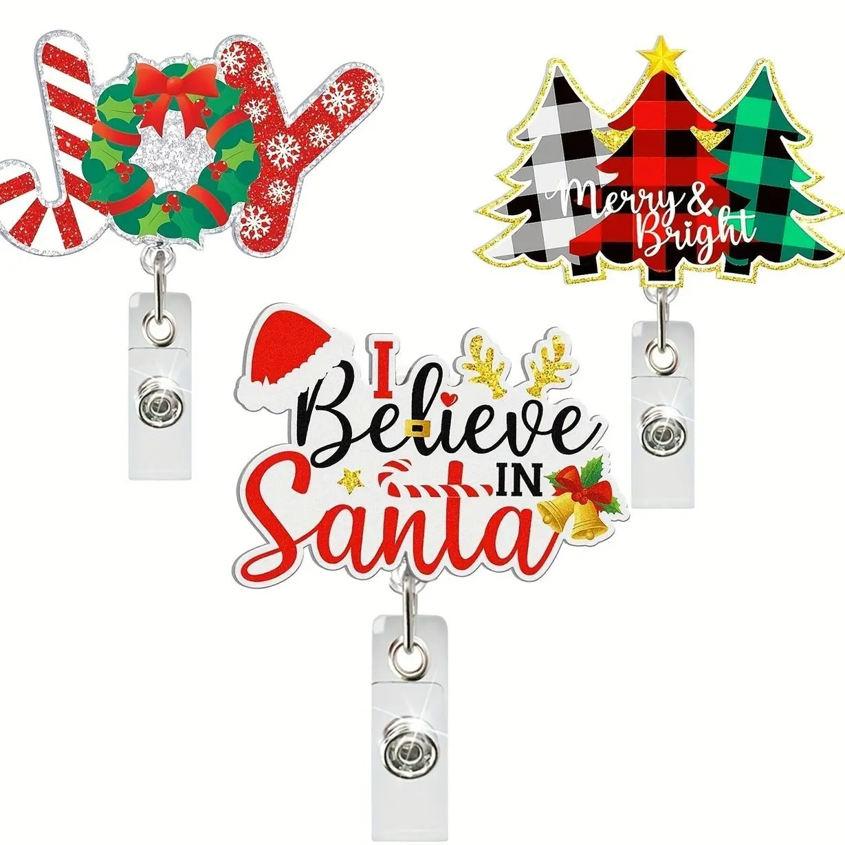 Three Retractable Badge Reels with Clips Featuring a Santa Claus Design, Perfect Acrylic Gifts for EN, LPN, CNA, And LVN Nurses - Ideal Additions for a Medical Office, Great Holiday Gifts, Durable Clips, Essential for The Workplace, Festive Design