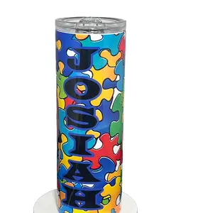 20oz Customized Stainless Steel Tumbler - Personalized Autism Awareness Water Bottle with Puzzle Piece Design, Photo & Name for Portable Drinkware
