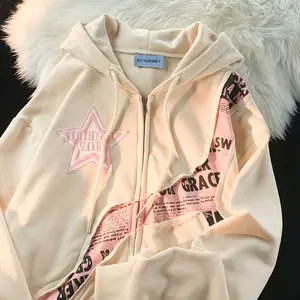 American Style Street Star Letter Print Patchwork Cardigan Sweatshirt for Women Sweet Cool Loose Versatile Jacket Women's Drop-Shoulder Thread Print Hoodie Casual Long Sleeve Fitted Womenswear Tops Pullover Geometric