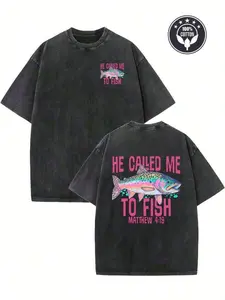 Men'S 230g Heavyweight Christian Fishing T-Shirt - "He Called Me Fishing" Bible Verse Matthew 4:19 Design, Soft Retro Loose Fit Casual Streetwear with Fish Graphic & Ribbed Collar, Durable Machine-Washable Fabric for Outdoor Church Camping bible verse shi