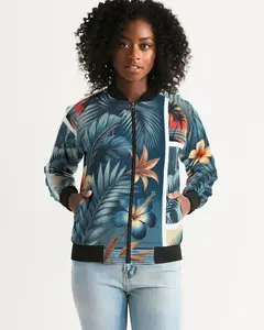 Hibiscus Sunset Women's All-Over Print Bomber Jacket - Tropical Floral Design, Relaxed Fit, Long Sleeve, All-Seasons Wear, Ribbed Cuffs & Hem, Metal Zip Closure, Welt Pockets, Lightweight Fabric Flower Womenswear Baseball Coats
