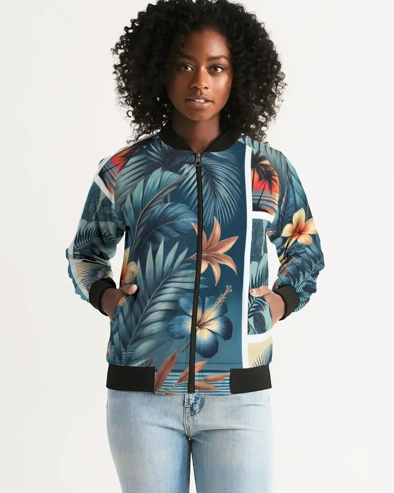 Hibiscus Sunset Women's All-Over Print Bomber Jacket - Tropical Floral Design, Relaxed Fit, Long Sleeve, All-Seasons Wear, Ribbed Cuffs & Hem, Metal Zip Closure, Welt Pockets, Lightweight Fabric Flower Womenswear Baseball Coats