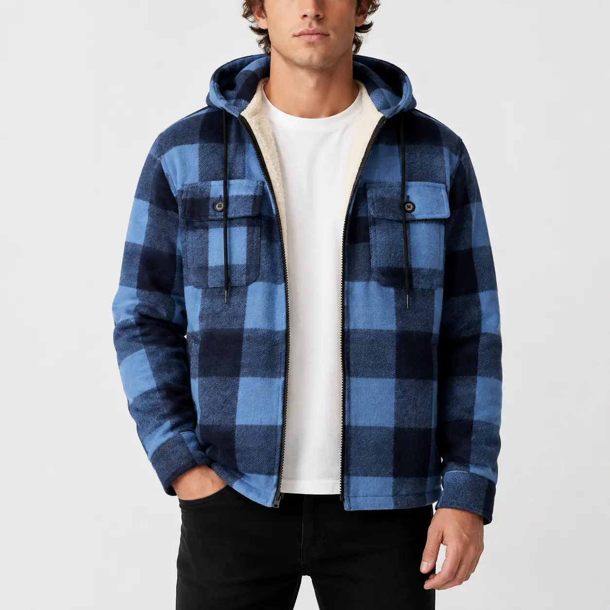 ZITY Mens Checkered Polyester Sherpa Lined Flannel Zip Up Hoodie - Long Sleeves, Chest Pockets, Cozy Warm Winter Layer, Hoodie Jacket for Layering, Casual Comfy Menswear Outerwear