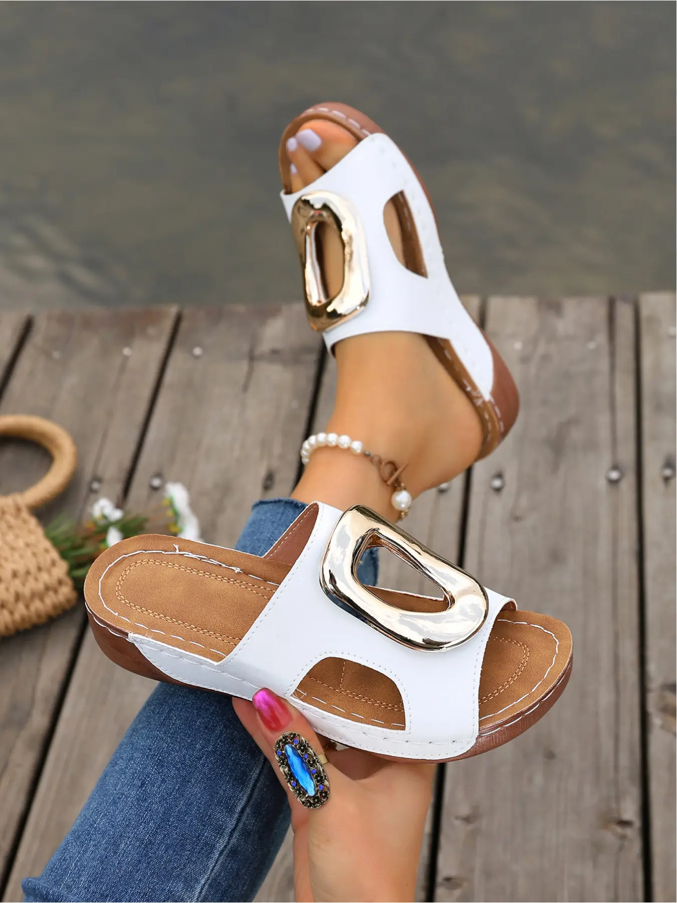 Large Size New Cool Slippers, Large Metal Buckle Hollow Design, Slope Heel Thick Sole Waterproof Platform, Casual Comfortable Summer Shoes Women Footwear Strap Slides